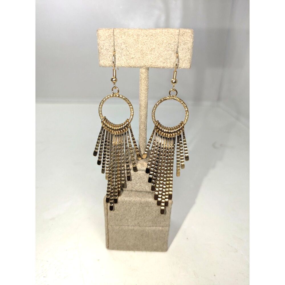 ⭐3/$30⭐    	 Gold Tone Fringe Drop Earrings Textured Statement Hoops